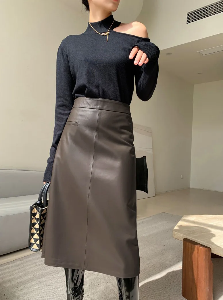 Женская юбка из натуральной овечьей кожи средней длины с высокой талией 2024