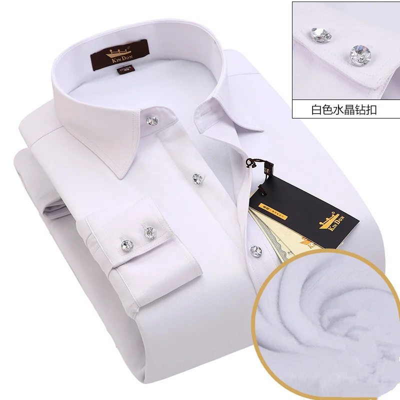 

2023 Cold Winter Men's Long-sleeved Shirt Groom Wedding Crystal Button Plus Velvet Thick Youth Warm Shirts Free Shipping