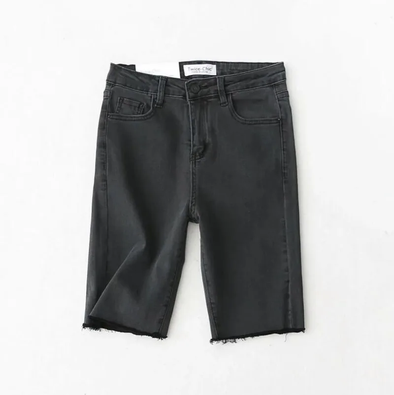 2021 High Street Hurr Hem Knee Length Straight Denim Shorts High Waist Vintage Short Pants Sexy Summer Women Shorts Jeans BF