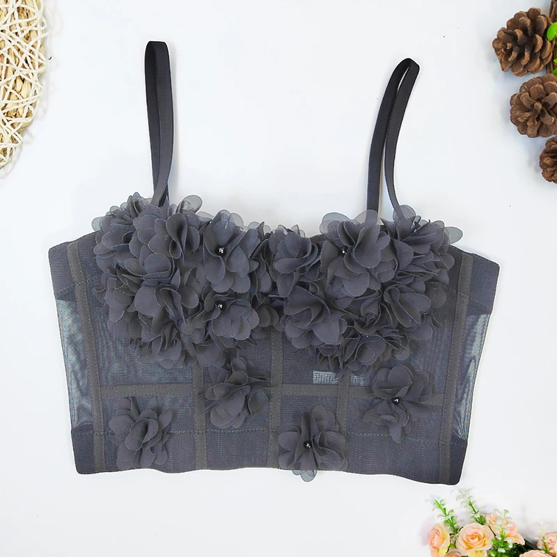 Женский цветочный топ-бикини с открытой спиной и бисером