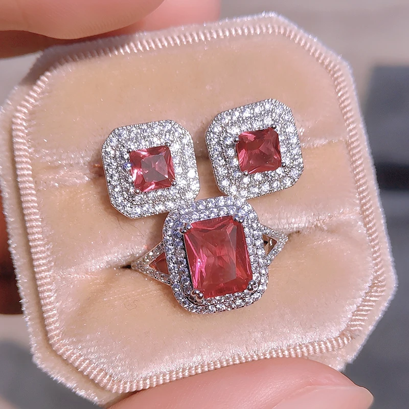 

UILZ 2022 New Luxury Red Silver Color Bride Jewelry Set Earings Rings for Women Female Bright Wedding Party Bijoux Gift