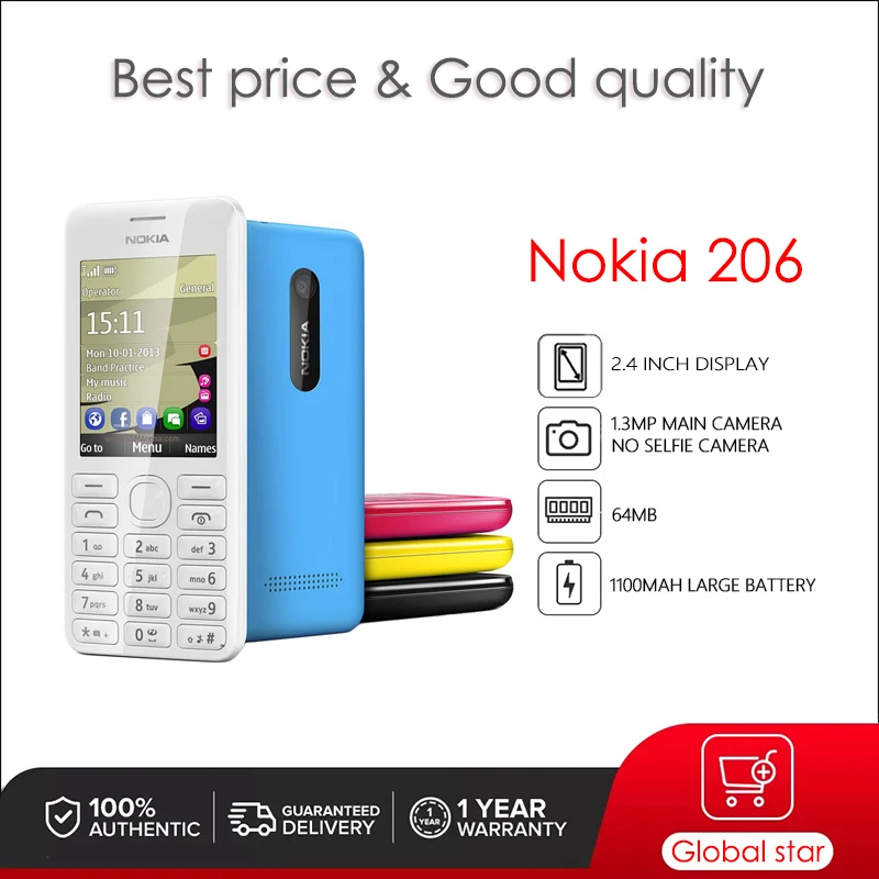 

Nokia 206 2060 Original 2.4 inches 1.3MP 1100 mAh Mobile Phone 64MB Dual SIM Cards Cellphone Free Shipping High Quality