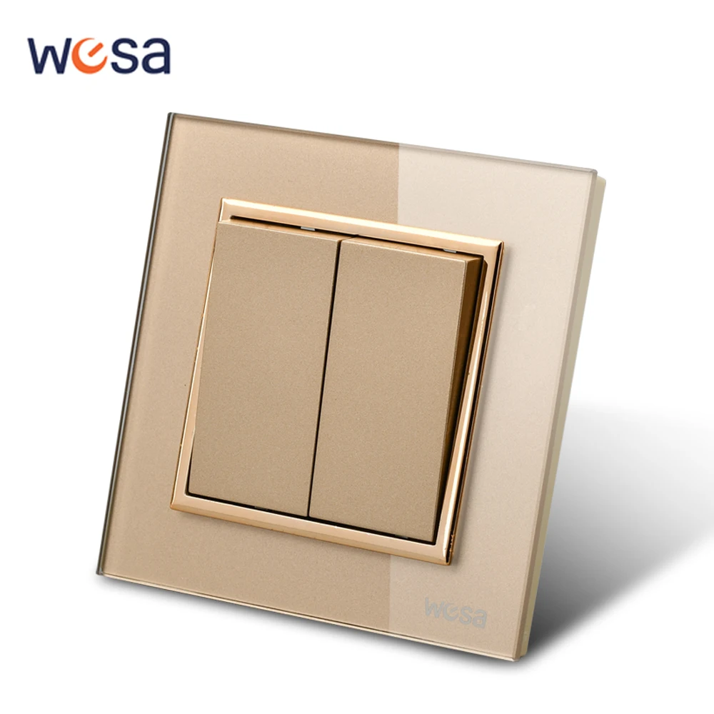 

WESA Luxury Crystal Tempered Glass Panel Gold Wall Switch Flame retardant 2 Gang 1 Way Wall Rocker Switch On / Off 16A AC 250V