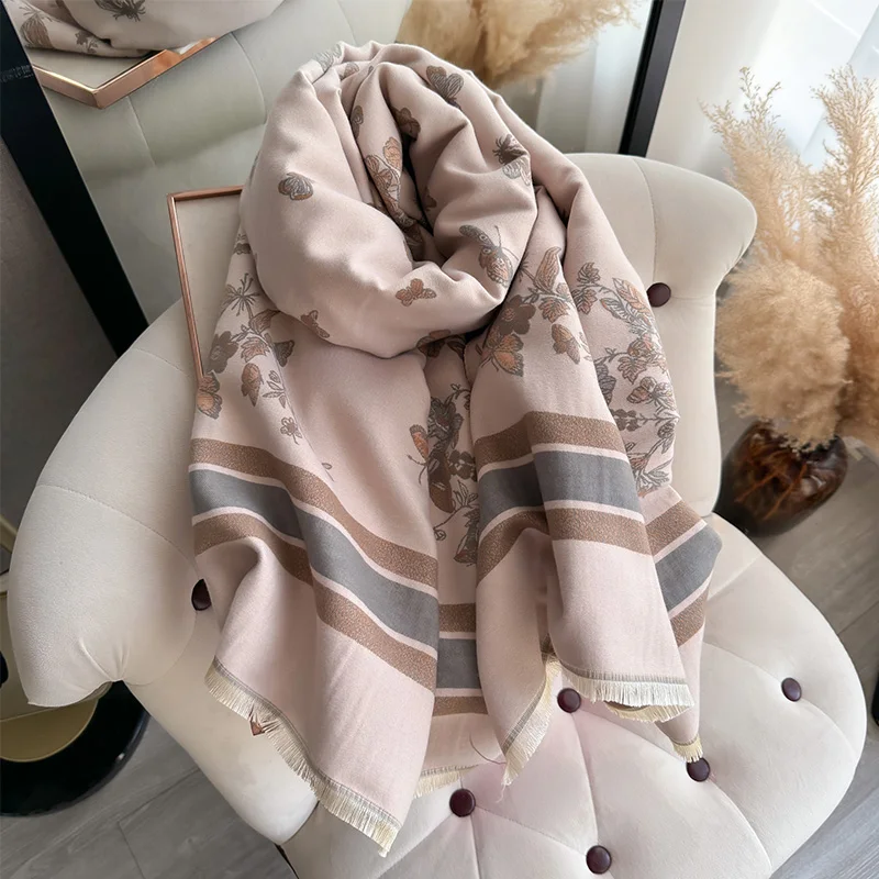 Элегантный Шарф Из Пашмины 2024 Модная Утолщенная Двусторонняя Жаккардовая