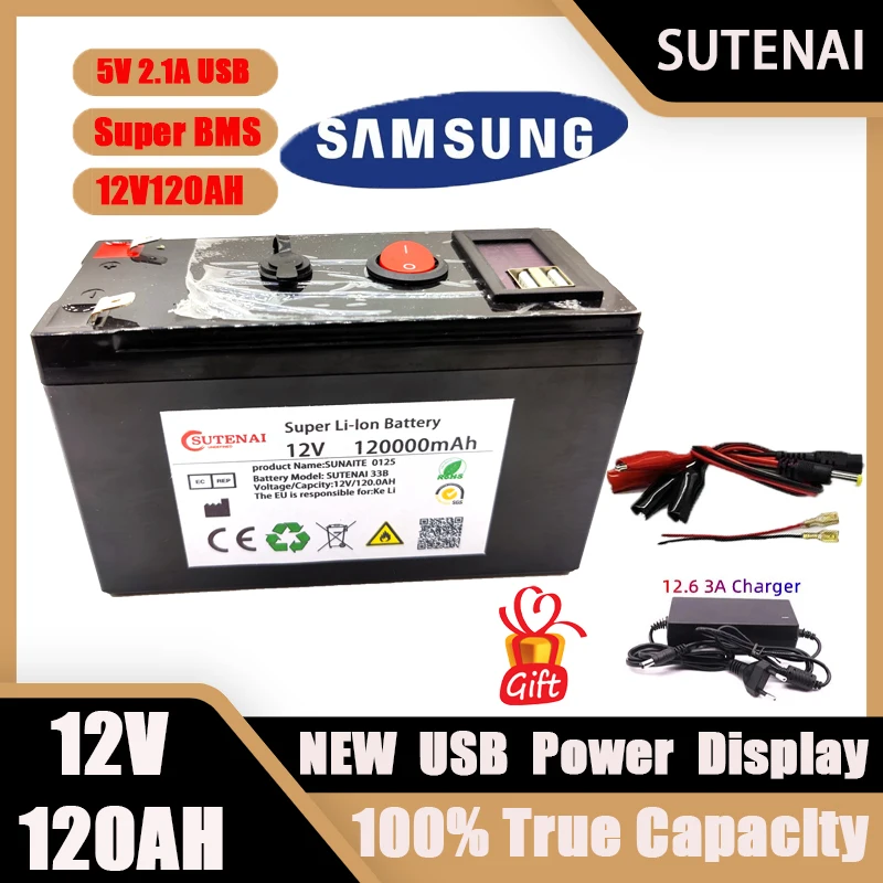 

New 12V 120000MAh Portable And Rechargeable 18650 Battery Built-In 5V 2.1A USB Power Display Charging Port With + 12.6V Charger