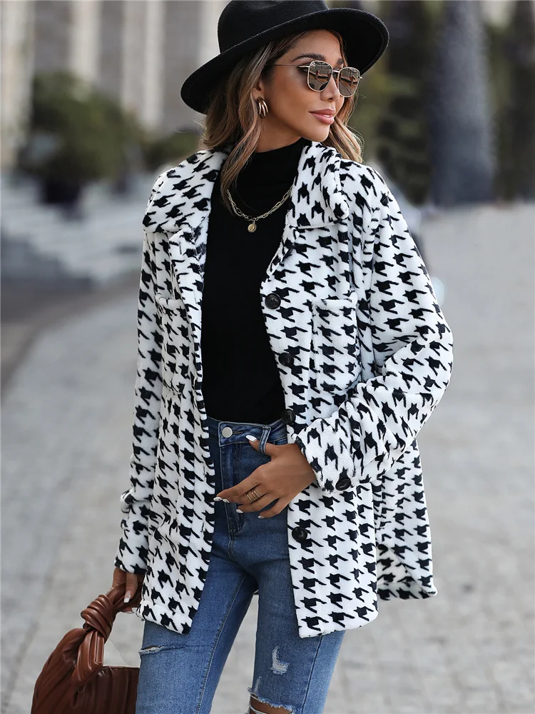 Autumn and Winter New Fashion Casual Plush Women's Long Sleeved Medium Long Black and White Flannel Suit Collar Loose Coat