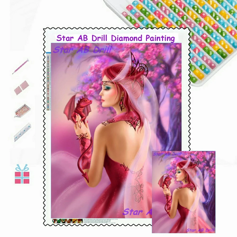 

Red Dragon Queen 5D Diamond Mosaic Art Painting Kit Diy Cartoon Fantasy Girl Animals Full AB Round Drill Cross Stitch Home Decor