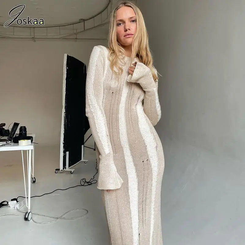 

Joskaa Knitted Striped Long Sleeve O-Neck Side Split Bodycon Maxi Dress Women Autumn 2023 Fashion Party Vestidos Sexy Dresses