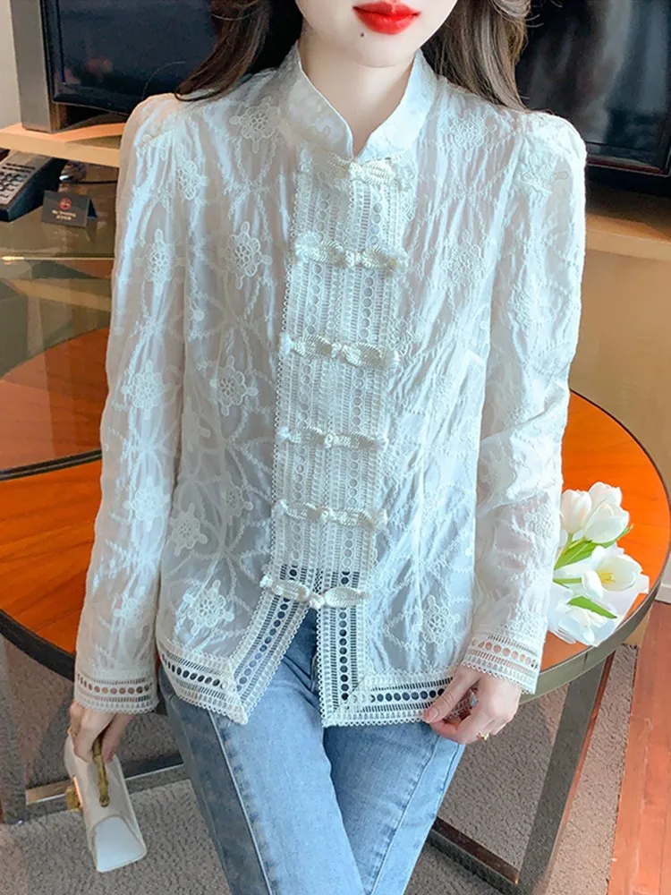 Рубашка женская с длинным рукавом винтажный элегантный топ в китайском стиле