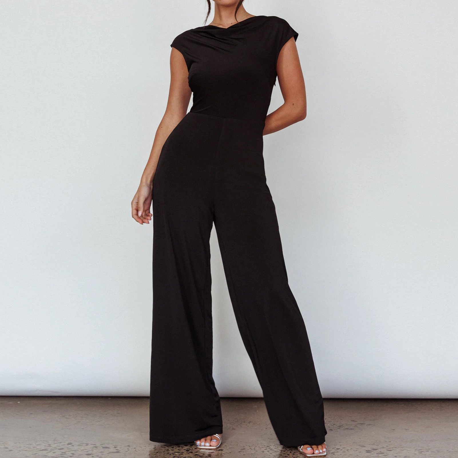 

Ladies Twist Back Jumpsuit Elastic Waist Slim Jumpsuit Outfits Elegant Solid Color Casual Full Length Summer Commuting Jumpsuit