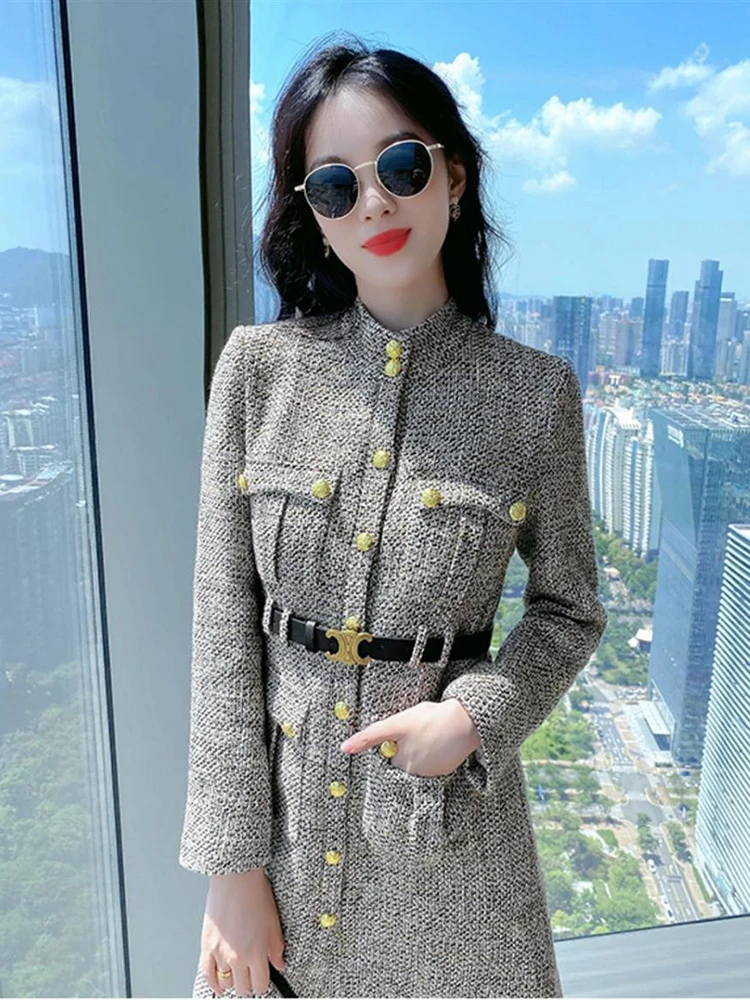 

Женское винтажное мини-платье с поясом, Элегантное однобортное платье с рисунком гусиной лапки, приталенное платье во французском стиле