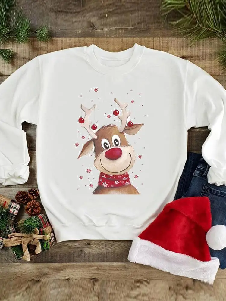 

Deer Face Lovely Cute Holiday Print Fashion Women Merry Christmas Happy New Year Sweatshirts Wear Clothing Graphic Pullovers