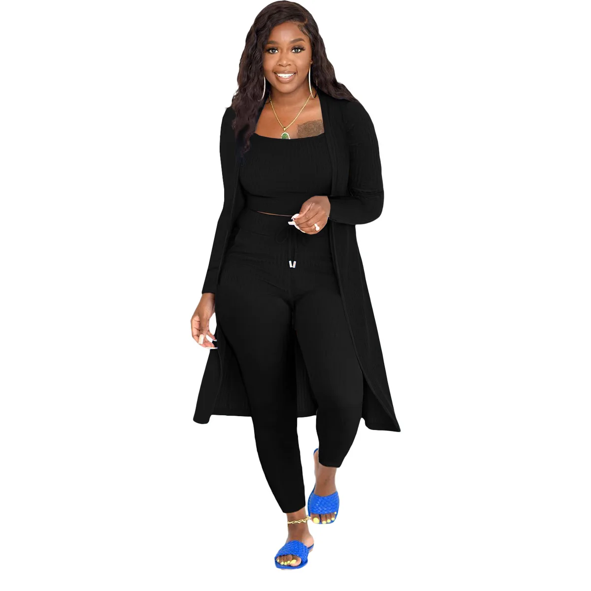 Fashion  Pijamas Women's Sling Long Cloak Pit Strip Solid Color 3-Piece Set Sleepwear