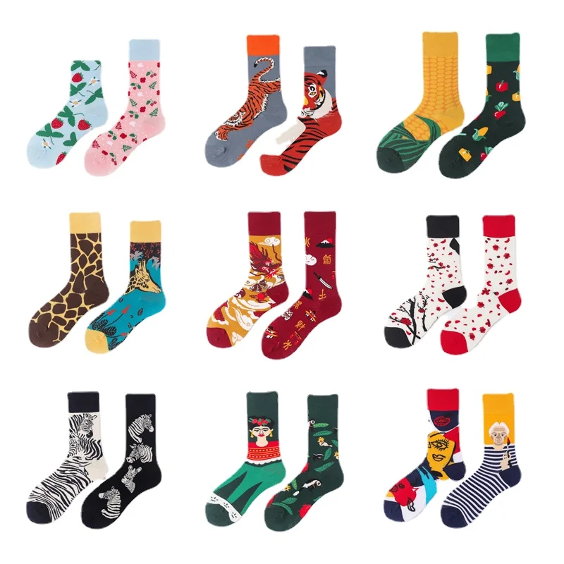

Tide brand jacquard mid-tube couple cotton socks women's fashion casual net red cartoon socks Men Women Socks