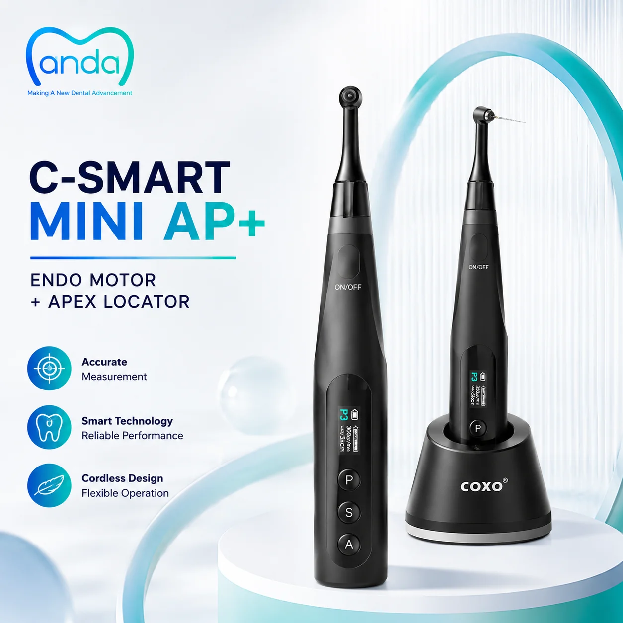 Фото COXO C-SMART MINI AP+ Беспроводной эндодонтический мотор с апекс-локатором, 100-2500 об/мин, 0.6-5.0 Н·см, стоматологический наконечник 6:1 №1