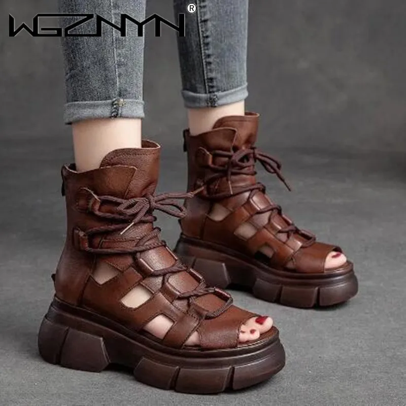 

NEW Genuine PU Leather Sandals for Women with New Summer Hollowed-out Roman Sandals Sponge Cake Thick-soled Fish Mouth Cool Boot