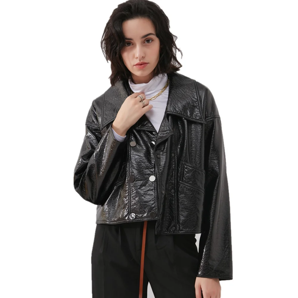 fashion glossy pu leather New coats Women double breasted shiny Leather Jacket Punk Rock Cropped Jackets F2107 dropship