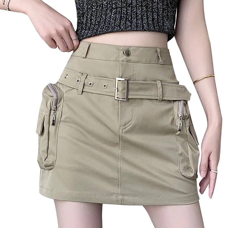 

Fashion A-Line Cargo Pocket Design Mini Skirt Women's Hip Package Skirts With Shorts High Waist Slimming Streetwear Black Jupes