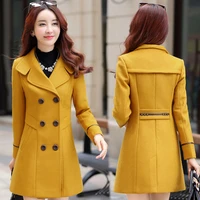 autumn winter womens woolen blends jacket korea double breasted slim mid length coat solid casual female outwear trench coat