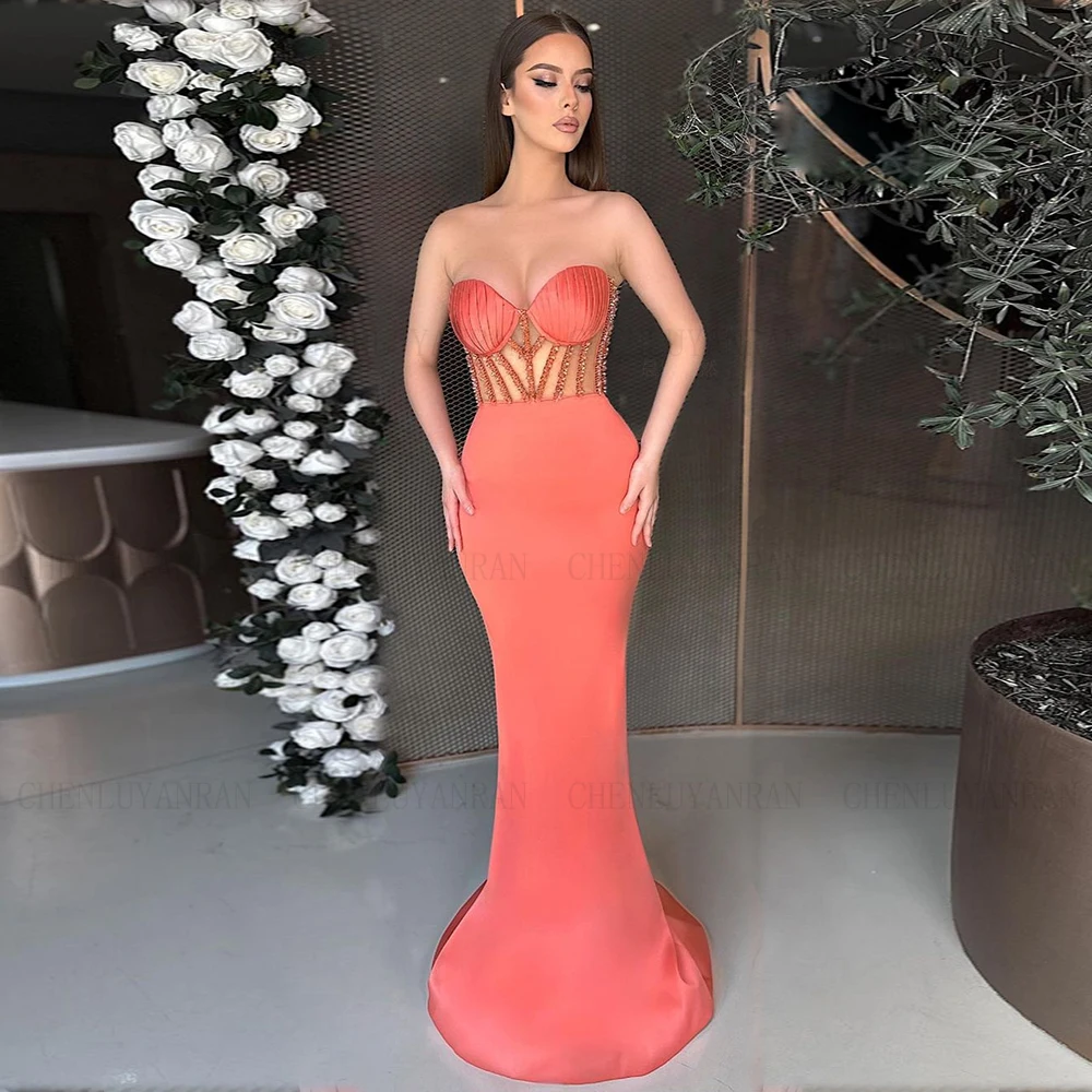 

Sweetheart Satin Formal Occasion Dresses Strapless Beading Mermaid Party Dress Elegant Sexy Evening Gowns فساتين مناسبة رسمية