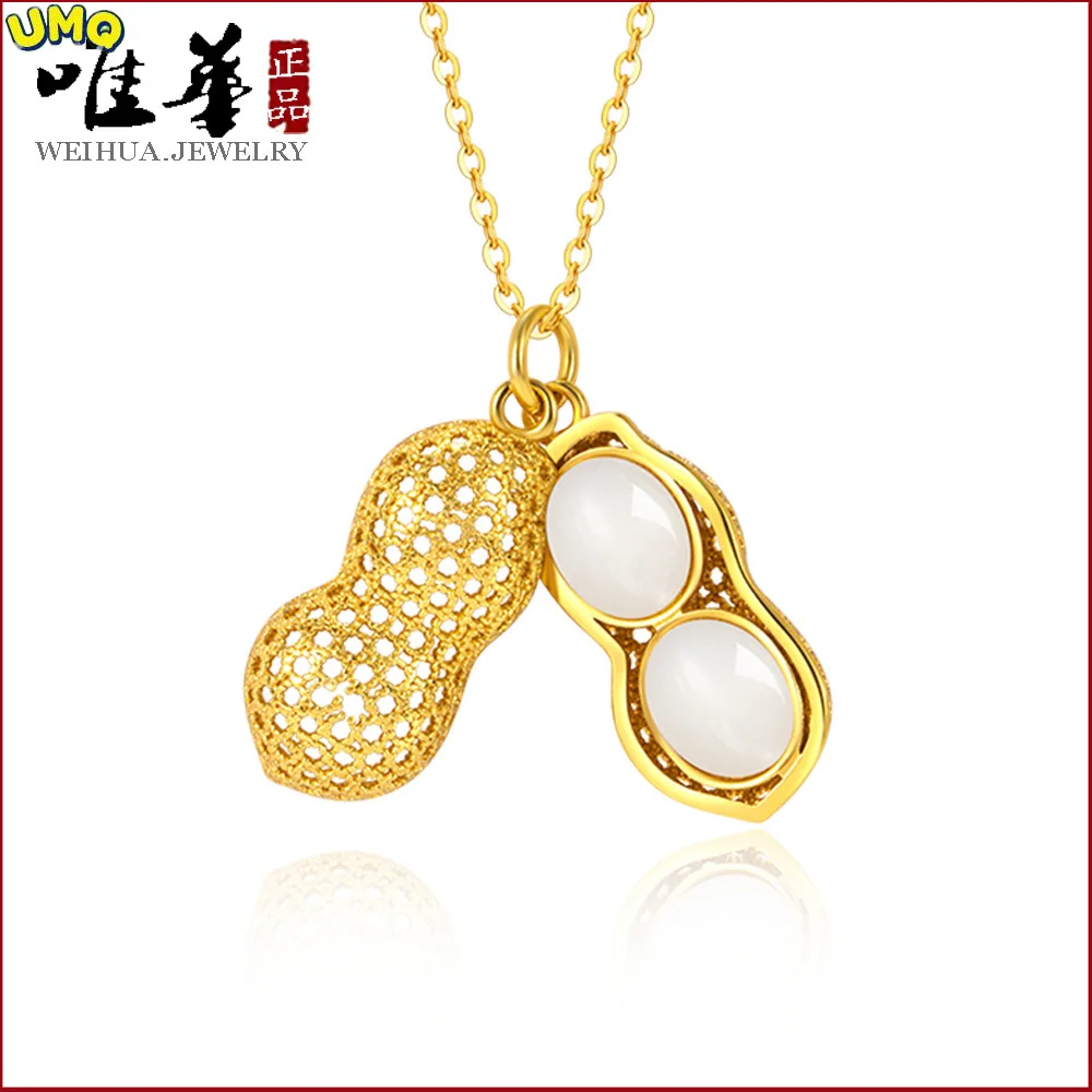 

China-Chic Romantic Copy 100% Real Gold 24k 999 Inlaid Field Jade Peanut Pendant Necklace Female Elegant White Chain Jewelry