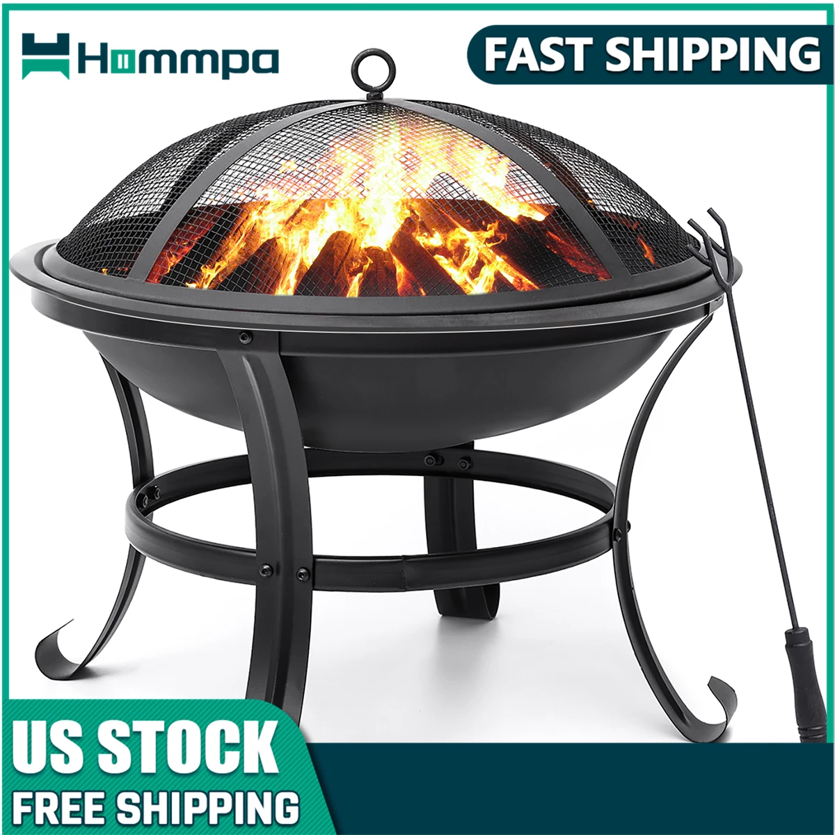 Hommpa 22 Inch Wood Burning Fire Pit for Camping Picnic Bonfires Patio Outside Backyard Garden Round Steel Black BBQ Grill