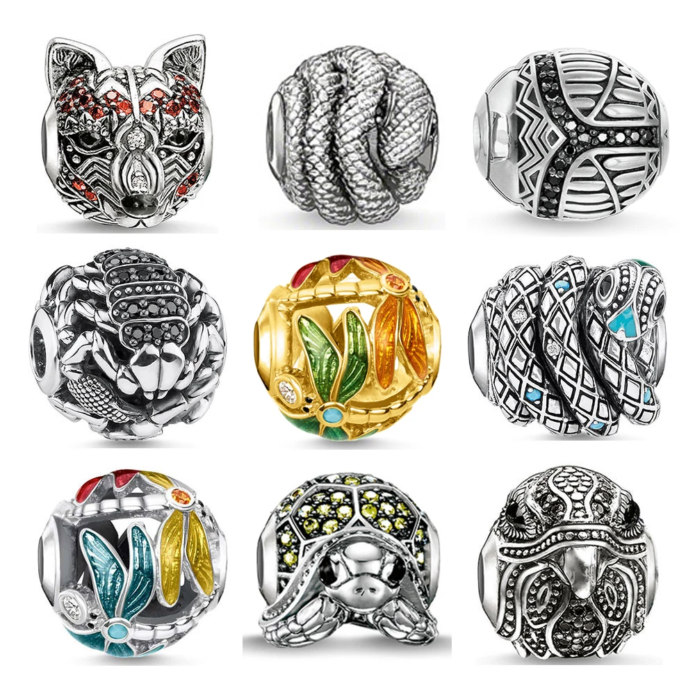 Charm Beads Tortoise Beetle Fox Owl Snake Dragonfly Eagle Scorpion 925 Sterling Silver Bracelet Necklace Jewelry Accessories | Украшения и