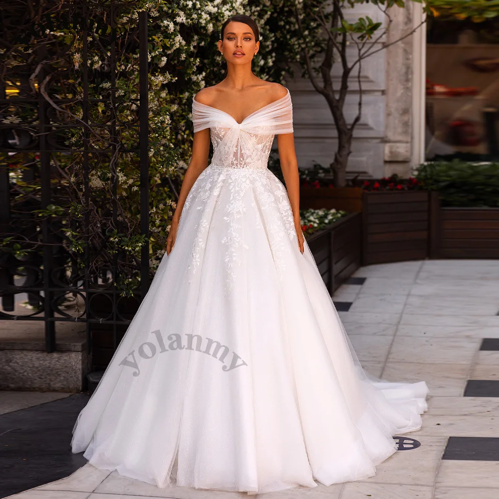 

YOLANMY Glamorous Off Shoulder Wedding Dresses For Mariages Lace Aline Appliques Pleat Vestido De Casamento Customised Plus