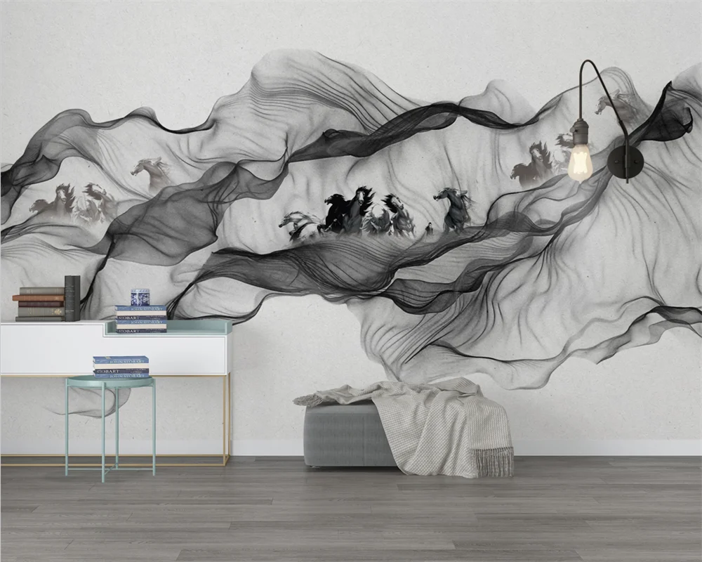 

Beibehang Custom Modern New Chinese Ink Painting Smoke Horse Figure Interior Background Wallpaper papel de parede papier peint