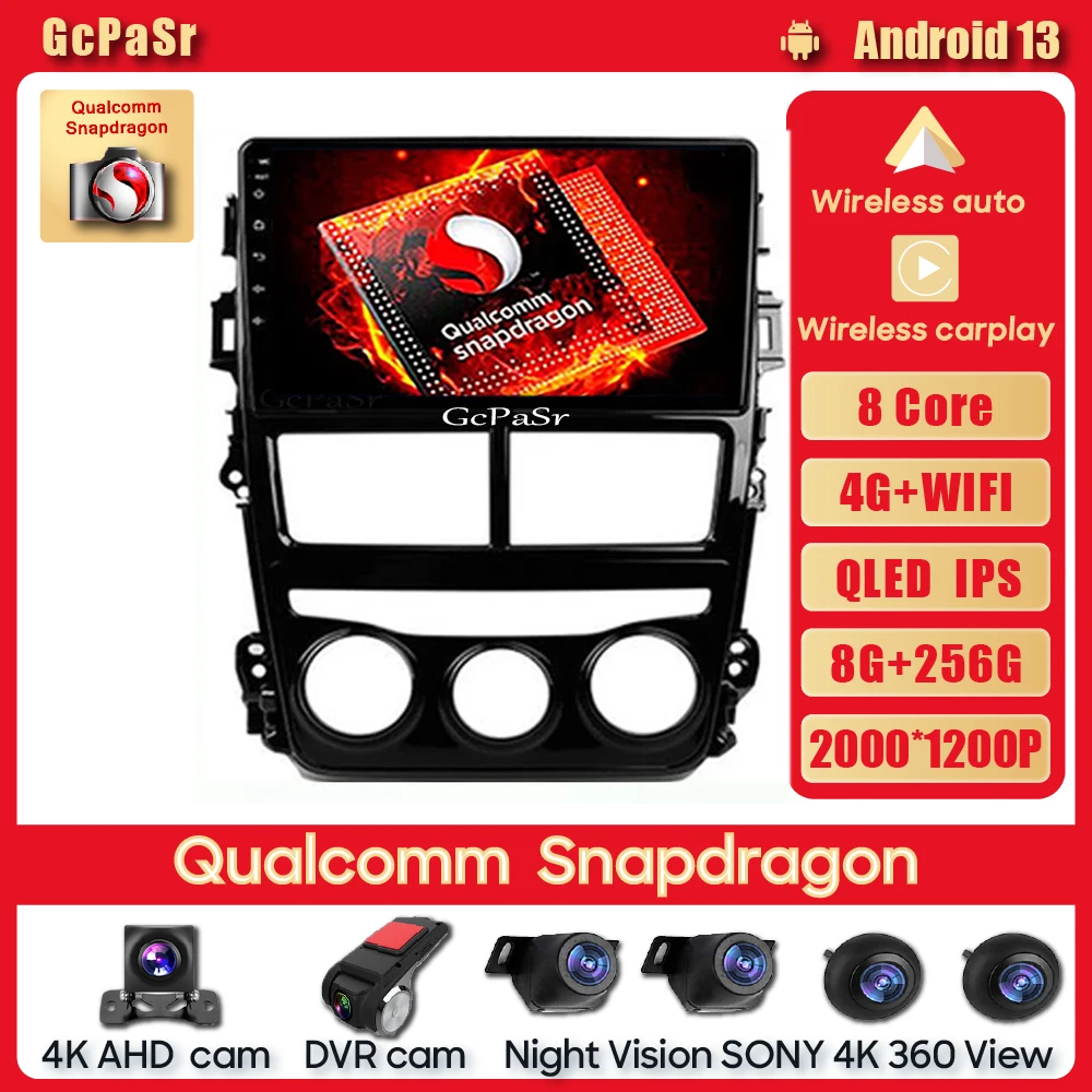

Автомобильный мультимедийный видеоплеер Qualcomm Snapdragon, Android 12 для Toyota Yaris Vios 2017-2020, навигация GPS WiFi