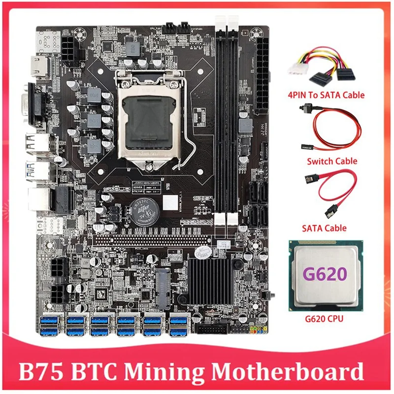 

B75 ETH Mining Motherboard 12 PCIE To USB With G620 CPU+4PIN To SATA Cable LGA1155 MSATA DDR3 B75 USB BTC Miner Mining
