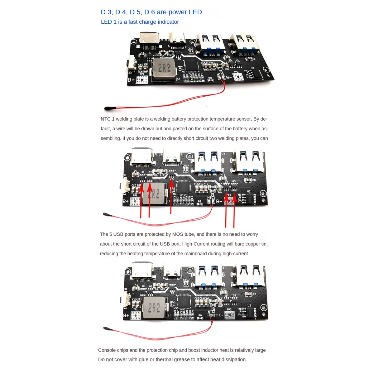 

22.5W 5V 4.5A Type-C -USB C 5-Port Powers Pack QC4.0+PD3.0 Two-Way Fast Charging Mobile Powers Module Circuit Board