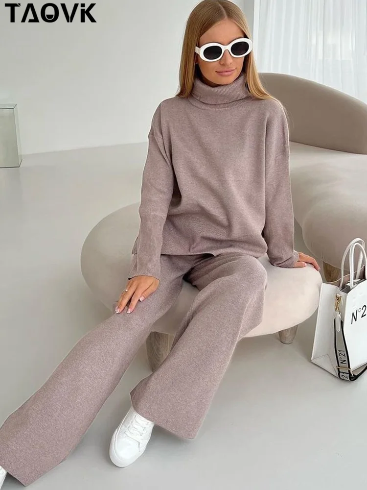 

Женский вязаный комплект из 2 предметов TAOVK, осенне-зимний костюм из водолазки и пуловера с лацканами, вязаные брюки с широкими штанинами