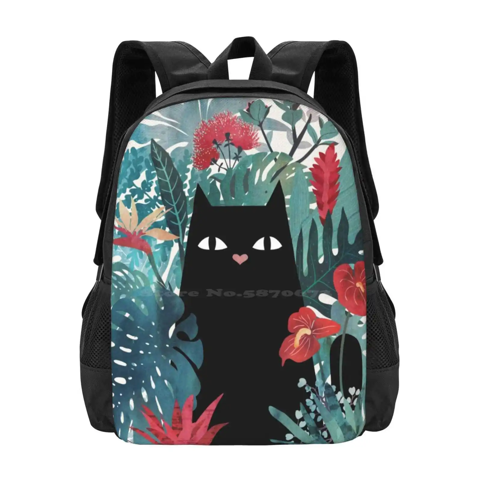 

Popoki Backpack For Student School Laptop Travel Bag Black Cat Hawaii Aloha Tropic Paradise Flowers Floral Summer Spring Warm