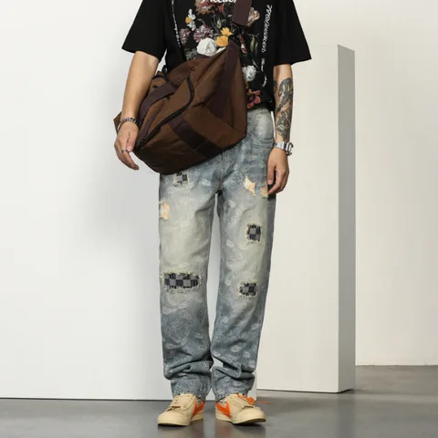 Джинсы мужские рваные хлопковые, уличная одежда в стиле хип-хоп, прямые мешковатые брюки из денима с принтом, повседневные Молодежные