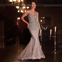 crystal sequins mermaid elegant dresses for women feather long train womens dress sleeveless floor length prom dress draped