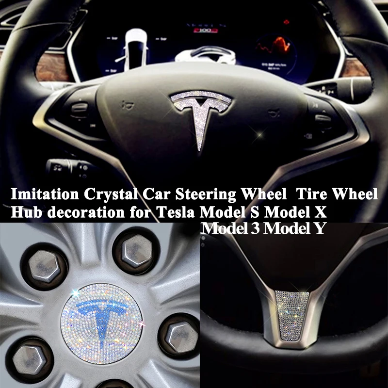 

For Tesla Model 3 Model Y Model S X Imitation Crystal Car Steering Wheel Emblem Wheel Hub Cover Logo Sticker Decoration Styling