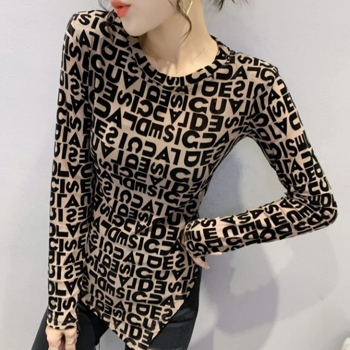 Fashion Irregular Split T-shirt Women's Long Sleeve European Goods Print Mesh Top Slim fit All-Match Bottoming Shirt Women Au...