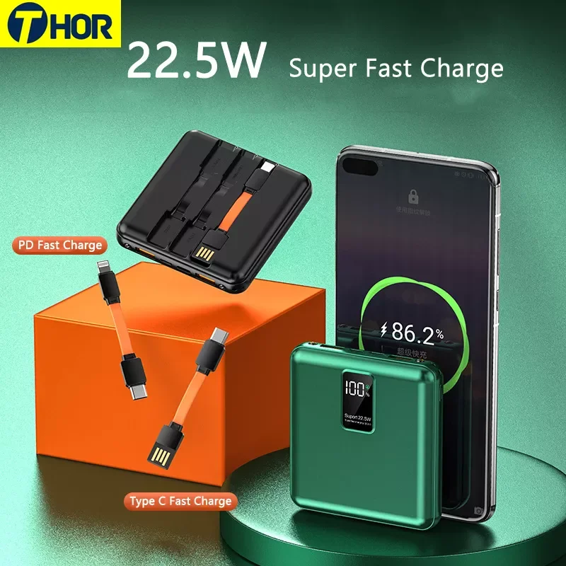 

Mini Power Bank 20000mAh PD 22.5W Fast Charging for Huawei P30 P40 Powerbank with 3 Cables External Battery For iPhone 12