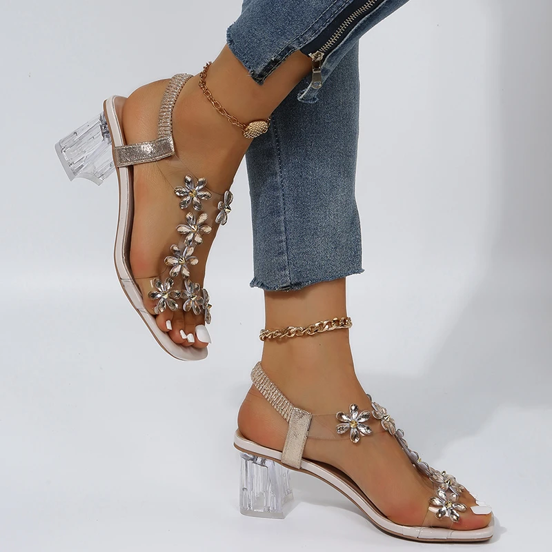 Summer Women;s Sandals Pvc Crystal Flower Shoes for Women Decoration Chunky Heel Sandals Ladies Back Strap Fashion Shoes Female