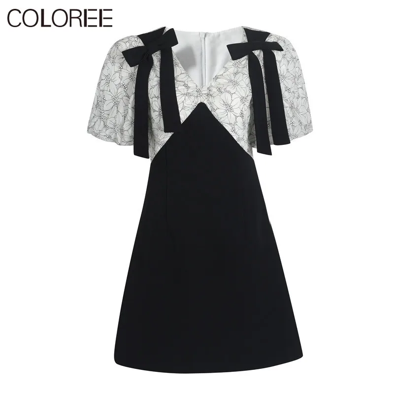 

Vintage Elegant Bow Summer Dress Women 2022 Korean Fashion V-neck Short Sleeve Mini Dress Floral Printed Vestido Feminino