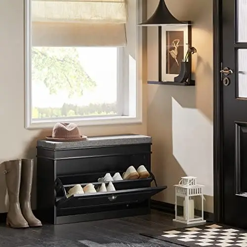 

White Hallway Shoe Bench, Shoe , Shoe Cabinet with Flip-Drawer and Seat Cushion