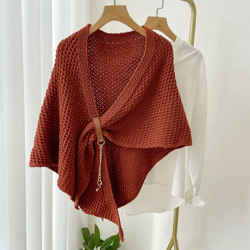 Женская Вязаная Шаль на осень и зиму новинка кожаная большая треугольная накидка