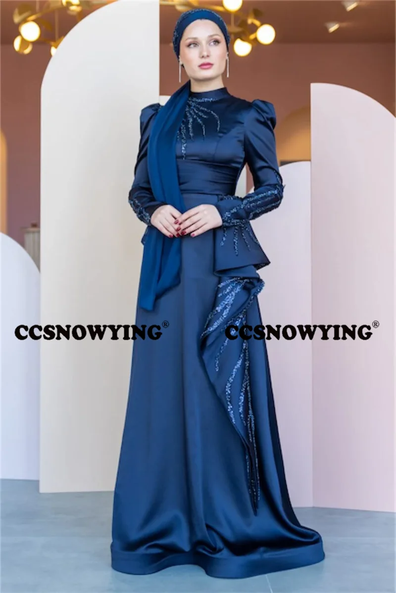 

Satin Beaded Muslim Hijab Evening Gown Long Sleeve Islamic Formal Party Dresses High Neck Women Arabic Kaftan Robe De Soiree