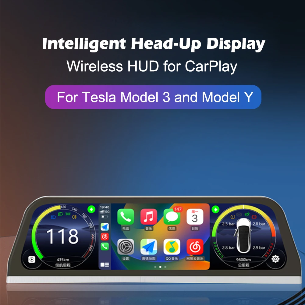 Фото Автомобильный проекционный дисплей, сенсорный экран HUD с беспроводным Carplay Android, автоматический динамик, навигация, скорость, мощность для Tesla Model 3 Y №3