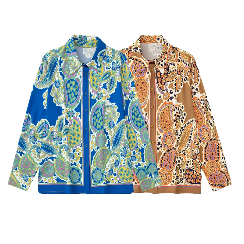 

TRAF Women 2022 summer New Fashion Print Loose Blouses Vintage Long Sleeve Button-up Female Shirts Blusas Chic Tops