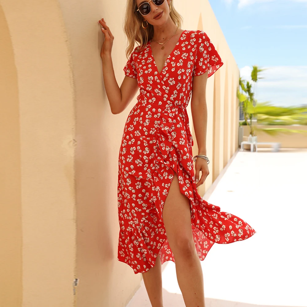 

Summer Boho Print Ruffle Midi Dress for Women Chiffon V Neck Short Sleeve Beach Dresses High Waist Slim Lace Up Sexy Split Dress