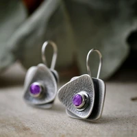 boho vintage irregular purple stone inlaid square triangle overlap earrings womens boho ethnic faux amethyst drop earrings