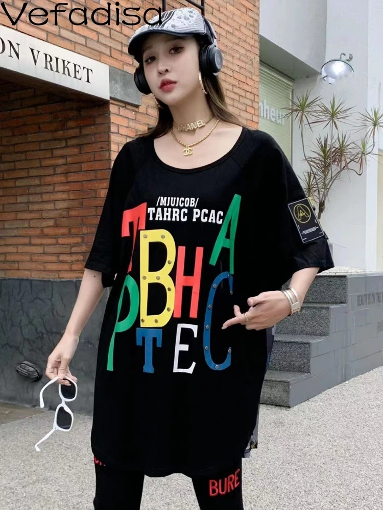 

Женская свободная футболка Vefadisa, Новинка лета 2023, модная футболка с коротким рукавом и персонализированным принтом букв, модная футболка дл...