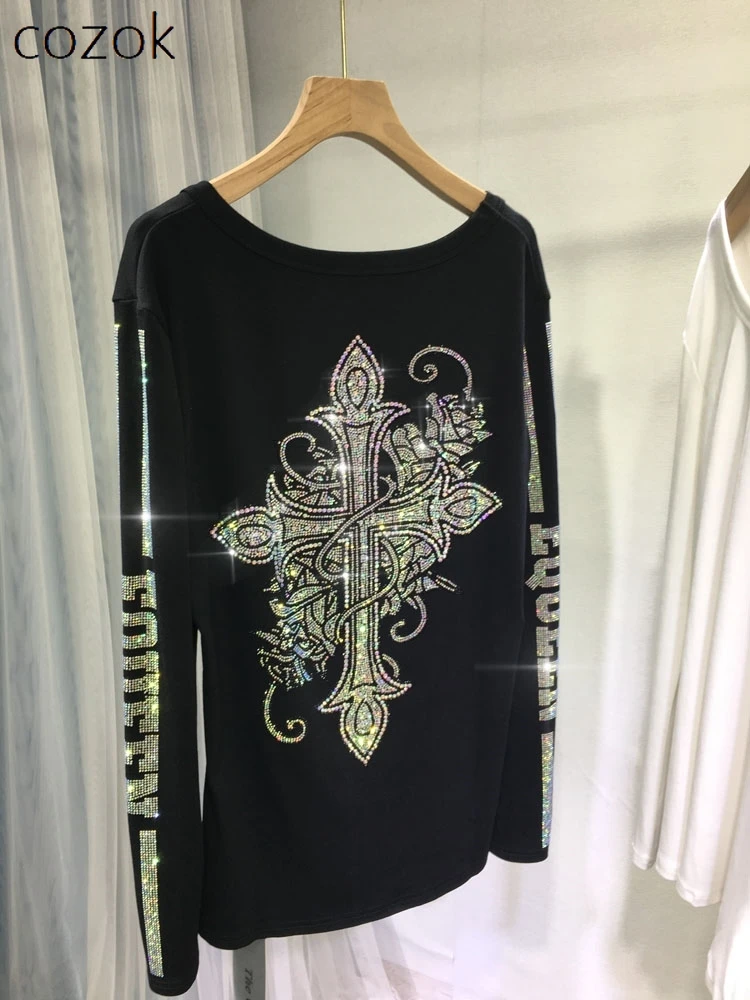

Hot Drilling Bottoming Shirt Women's Fashion Slim-fit Black Long Sleeve Round Neck Top All-Matching 2023 Autumn New Tshirts